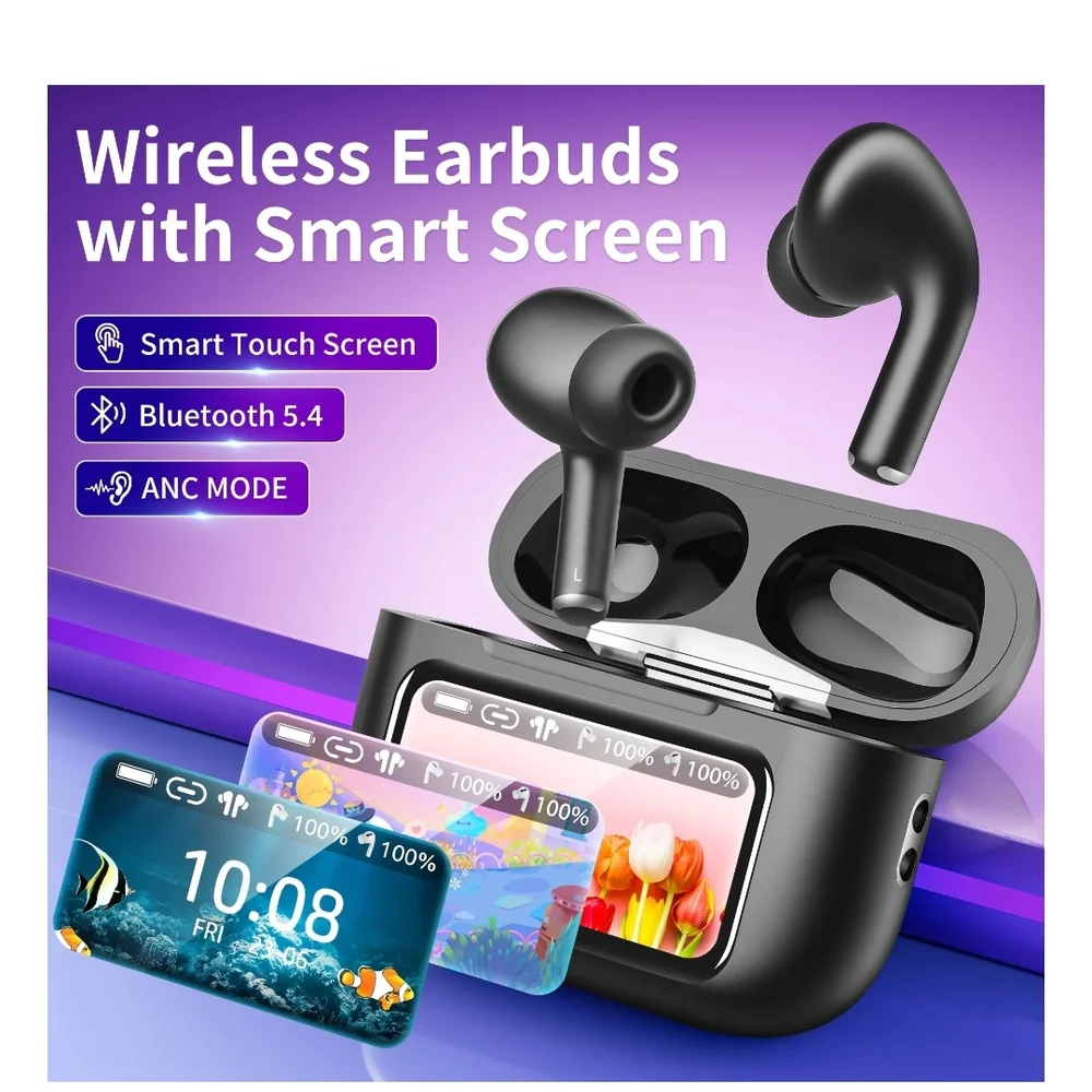 Smart Screen Black Wireless Earbuds with Charging Case